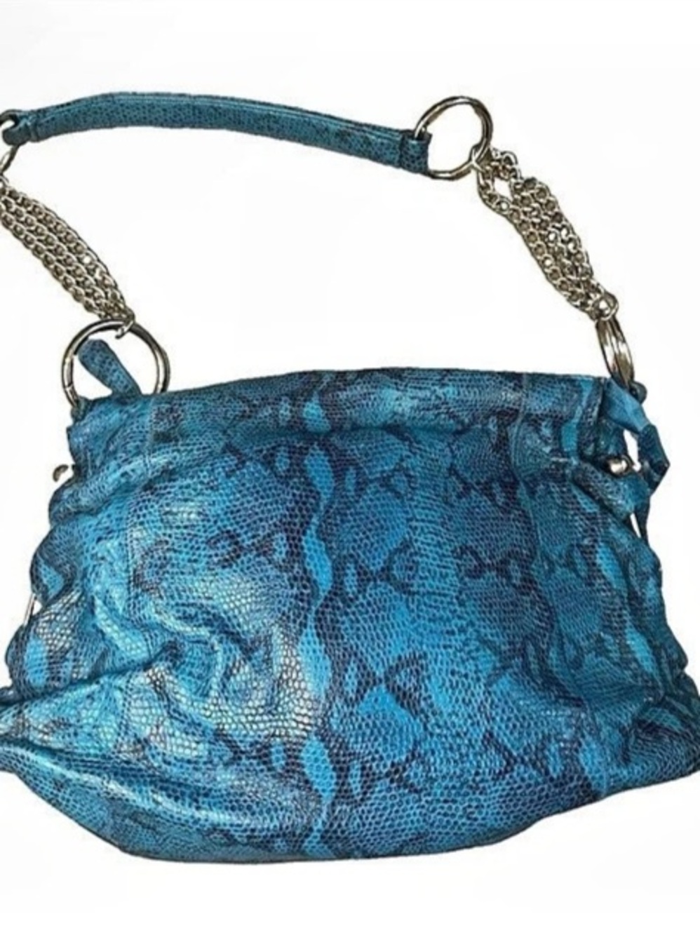 Chi by Carlos Falchi Blue Faux Embossed Snakeskin Bag Silver Chain Y2K Mcbling